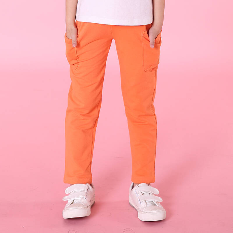 儿童松紧系带彩色大口袋 纯棉男童休闲长运动裤 裤子 橙色 110