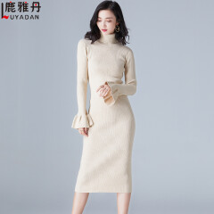 鹿雅丹女士冬季韩版毛衣裙中长款不规则下摆系