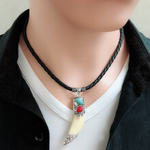 狼牙吊坠项链男韩版黑绳简约男士脖子挂件学生嘻哈潮男男生 松石牙齿