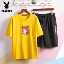 花花公子（PLAYBOY） 短袖 男士T恤 黄色上衣+黑色短裤（7766） 