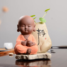 西门町 泥人小摆件 泥人陶艺佛系可养桌面小沙弥摆件禅意小和尚茶道