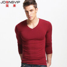 简束（JOONSVIP） 长袖 男士T恤 常规V领枣红色 