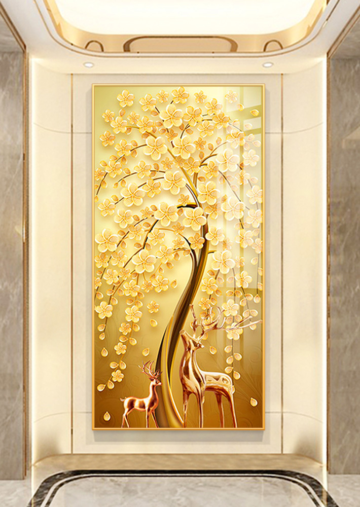 画竖版走廊过道挂画入户风水招财发财树鹿壁画简约现代轻奢客厅背景墙