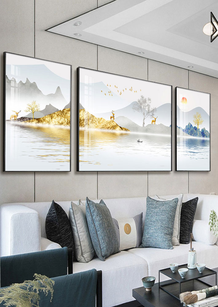 背景墙风景山水画三联现代简约新中式办公室书房壁画招财风水靠山挂画