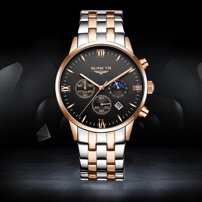 桑达(sunkta)男士手表 男商务休闲手表 月相日历多功能防水表石英男表