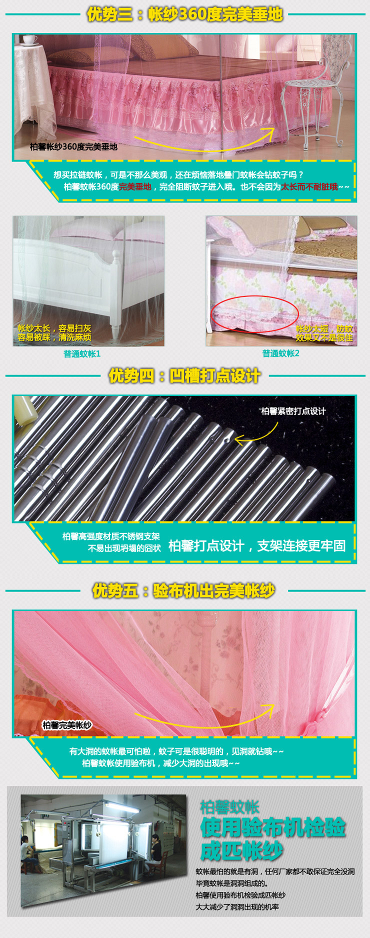 柏馨Percy家纺 宫廷蕾丝边 加密网纱 三开门方顶不锈钢落地蚊帐 米黄色 180*200*200cm