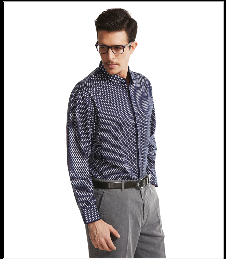 意大利 romaster 罗马世家 男士蓝色长袖翻领格纹暗门襟t恤 rt370213