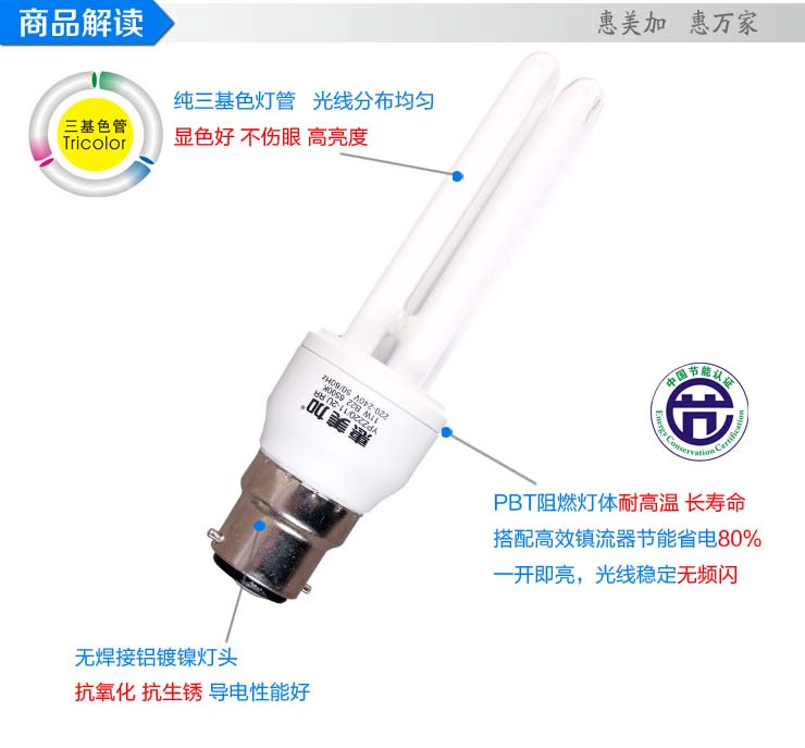 
                                        惠美加 2U型5W节能灯泡E27螺口灯头白光日光色 纯三基色护眼高亮节能灯                