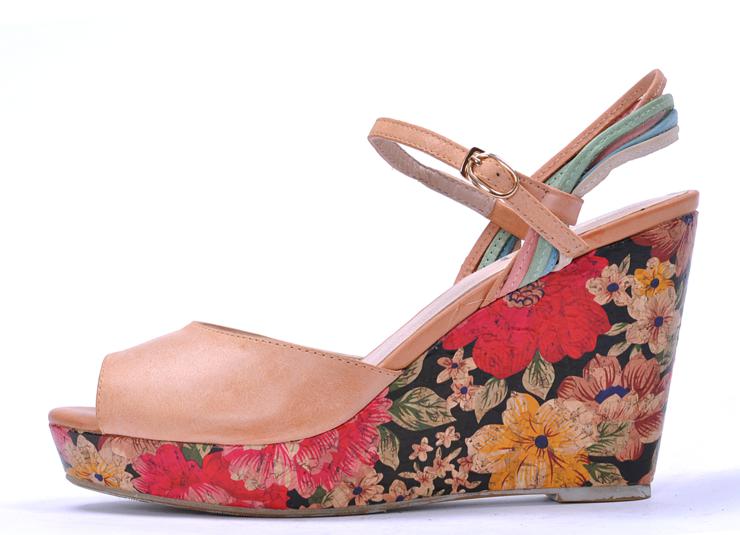 万里-山百惠女凉鞋田园风擦色印花头层牛皮高跟气质4f2418 粉色 39