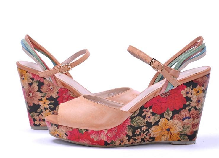 万里-山百惠女凉鞋田园风擦色印花头层牛皮高跟气质4f2418 粉色 39