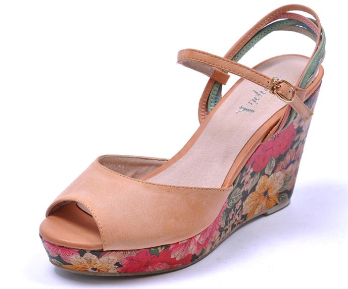 万里-山百惠女凉鞋田园风擦色印花头层牛皮高跟气质4f2418 粉色 39