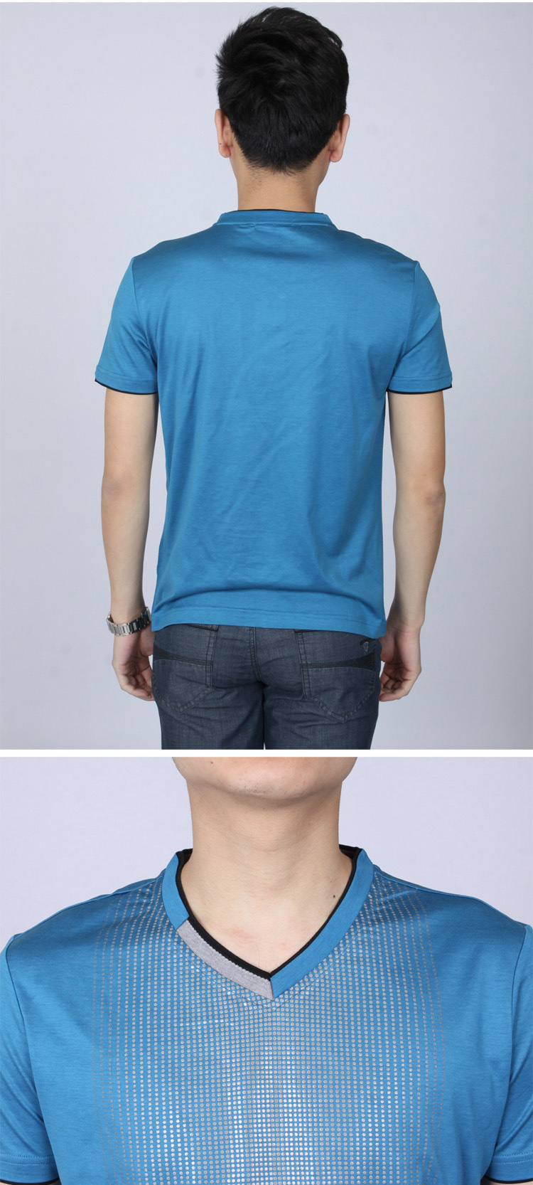 三利专柜正品男装 男士夏季新款时尚休闲t恤 男式v领短袖条文上衣