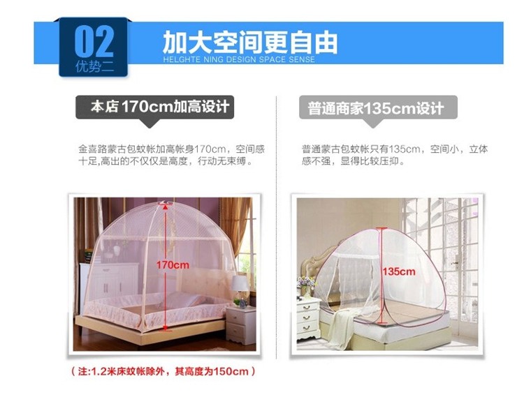 
                                        比特福尔 三开门U型拉链蒙古包加高防蚊有底蚊帐加粗一种8.5mm杆子包邮清仓 3开U门防蚊纱蒙古帐 1.5m床                