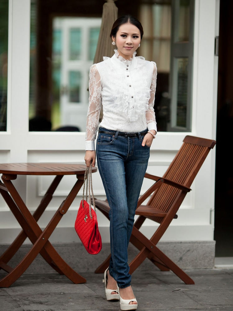 春秋装韩版气质时尚蕾丝花边淑女修身长袖蕾丝衬衫 百搭衬衣 371302