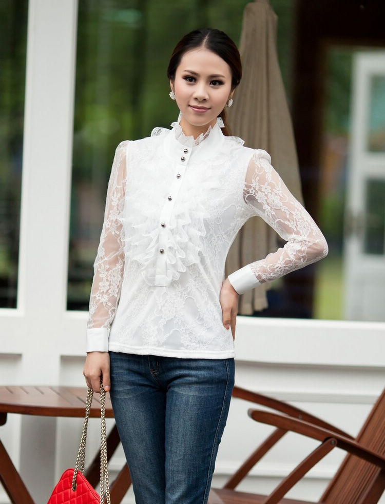 春秋装韩版气质时尚蕾丝花边淑女修身长袖蕾丝衬衫 百搭衬衣 371302