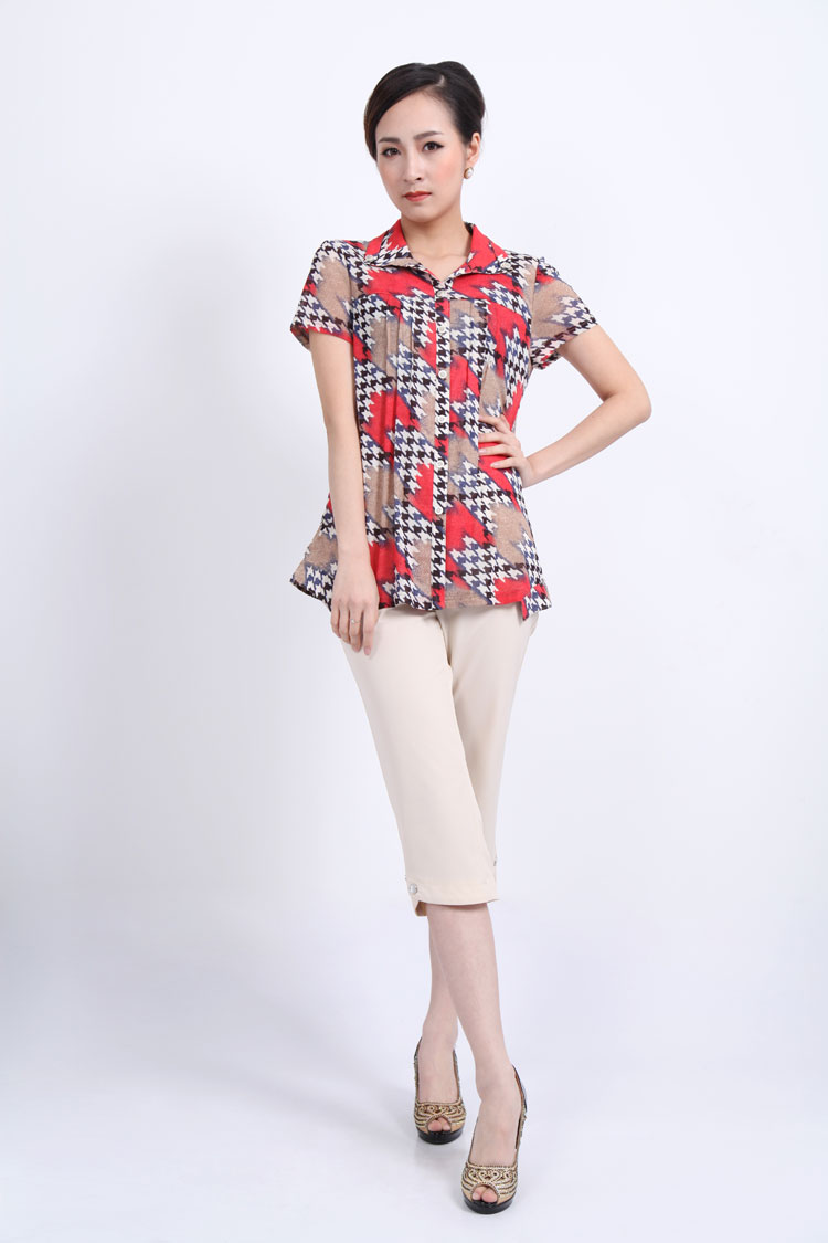 卓恩正品专柜 夏季大码女装 领边翻边休闲撞色短袖小衫d12301-6