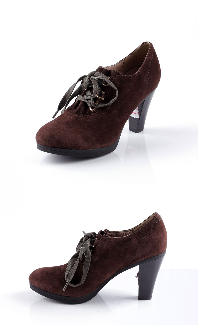 菲尔图ferto专柜正品系带高跟真皮绒面职业女性单鞋 咖啡色fq0817318