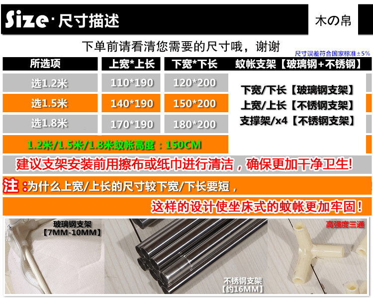 
                                        木の帛 三开门坐式不锈钢蚊帐 无底U型拉链帐子 防蚊方顶 单人 双人床上用品 白纱加粉边 1.5*2.0米                