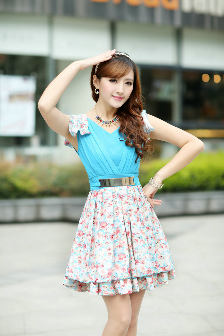 大唐牡丹2014夏季新款女装韩版修身雪纺无袖碎花连衣裙女 蓝色 m