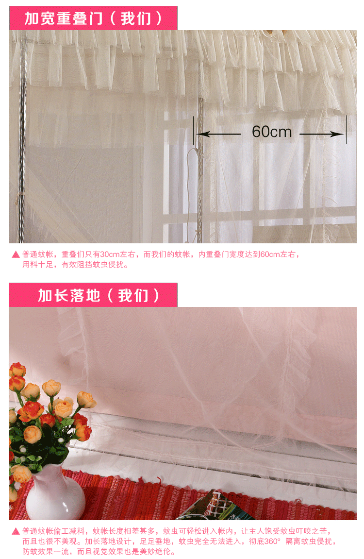 
                                        世庭美家纺2x2.2米床宫廷三开门不锈钢落地豪华婚庆蚊帐加高设计蒙娜丽莎 米黄22MM支架 200*220cm                