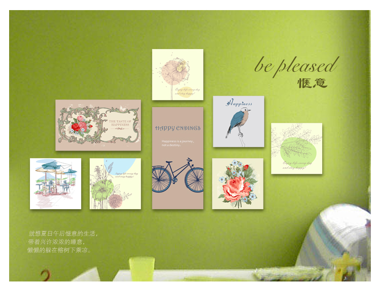 
                                        润格客厅装饰画壁画卧室画无框装饰画家居壁画卧室墙壁画小清新创意组合无框画 整套八张组合 欧美风情 20*20                