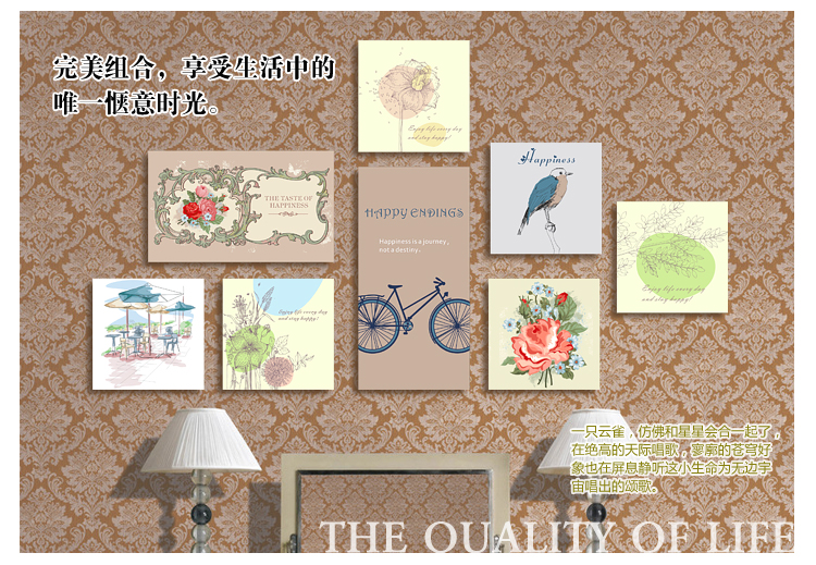 
                                        润格客厅装饰画壁画卧室画无框装饰画家居壁画卧室墙壁画小清新创意组合无框画 整套八张组合 欧美风情 20*20                