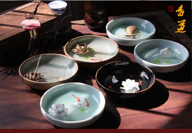 欢畅 景德镇陶瓷 手工绘画磨砂乌金釉莲花香盘 香插 香炉xl0 乌金釉荷花