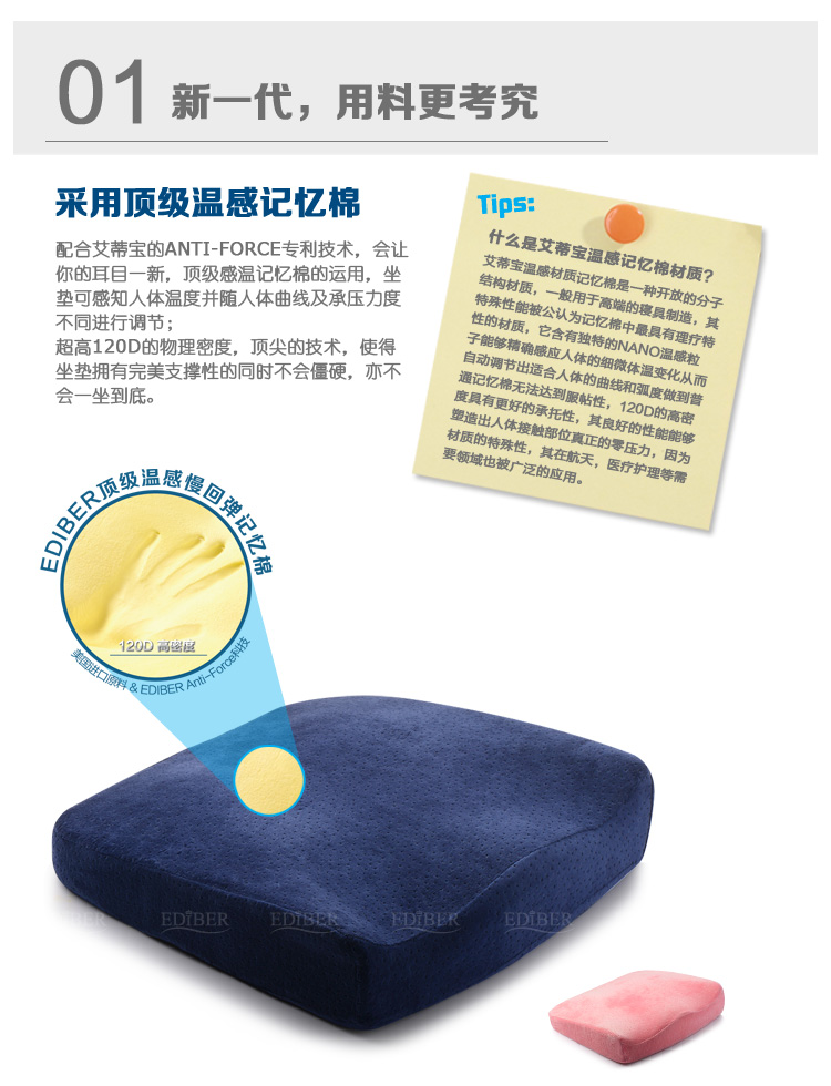 美国Ediber艾蒂宝温度感应太空记忆棉抱枕靠垫办公室美臀塑臀翘臀慢回弹坐垫 天鹅绒(质感蓝) L标准款