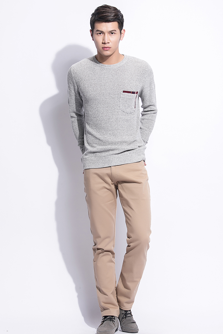 高邦kobron专柜正品2014新品男式长袖圆领纯色拼接毛衫809灰色06xxl