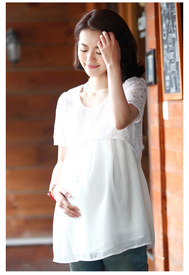 特价69元 莱薇妈咪韩版孕妇装夏装镂空蕾丝拼接孕妇雪纺衫96662 白色