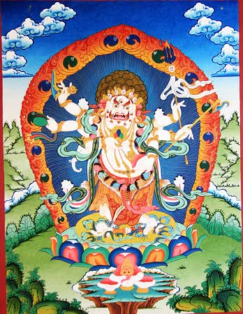 纯天然矿物颜料绘制的唐卡作品,配色鲜明和谐,线条流