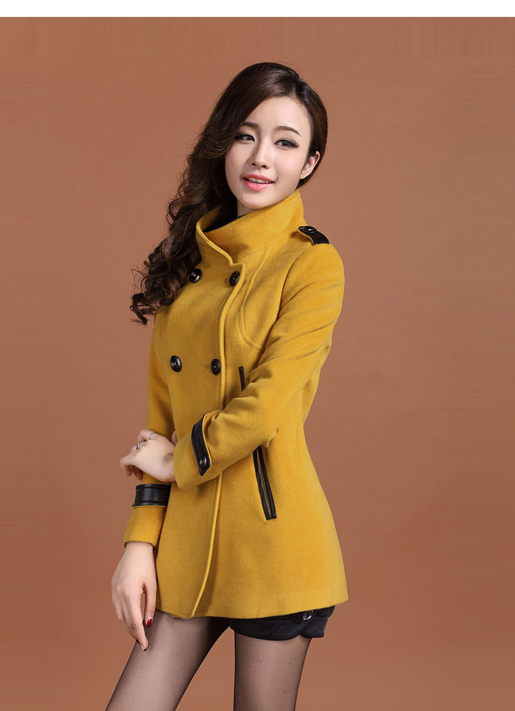 2013可路莎 冬装新款女式 风衣 军装风呢子大衣 中长款呢子外套 黄色