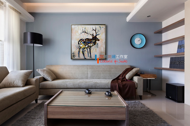
                                        麋鹿 纯手绘油画 抽象动物装饰画 客厅卧室书房现代简欧挂画有框画墙画壁画 印象斑斓 A款-无框画 80X80cm                