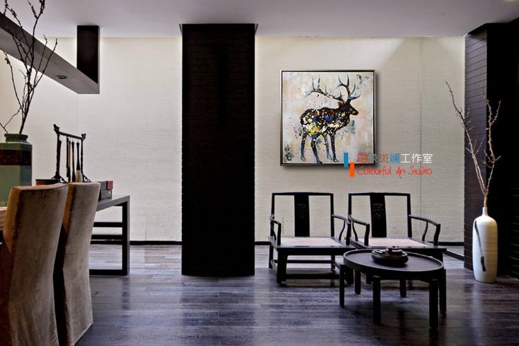
                                        麋鹿 纯手绘油画 抽象动物装饰画 客厅卧室书房现代简欧挂画有框画墙画壁画 印象斑斓 A款-无框画 80X80cm                