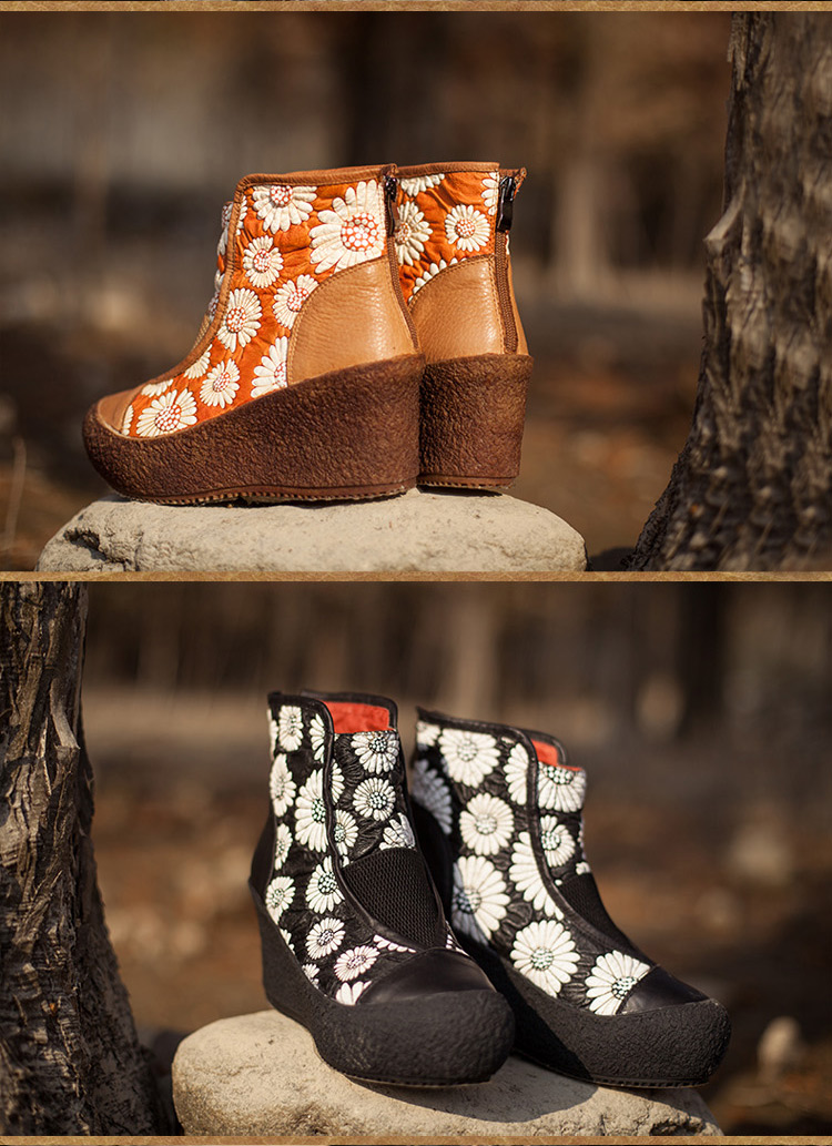 吐火罗新款 秋冬女士坡跟牛皮短靴 女士印花厚底真皮套脚女鞋个性民族