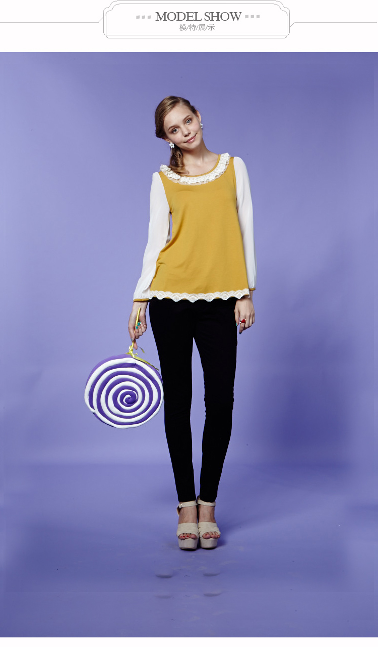 minette女装新品 长袖t恤 宽松型圆领 镂空花边衣摆森马女装 中黄 xl
