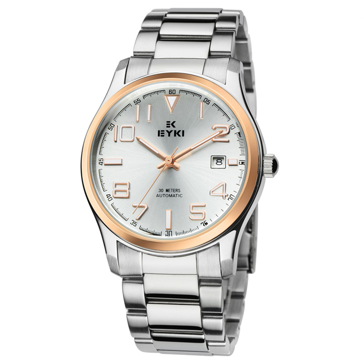 艾奇eyki 男款全自动机械表 韩国时尚休闲腕表防水表 8675 白面金字