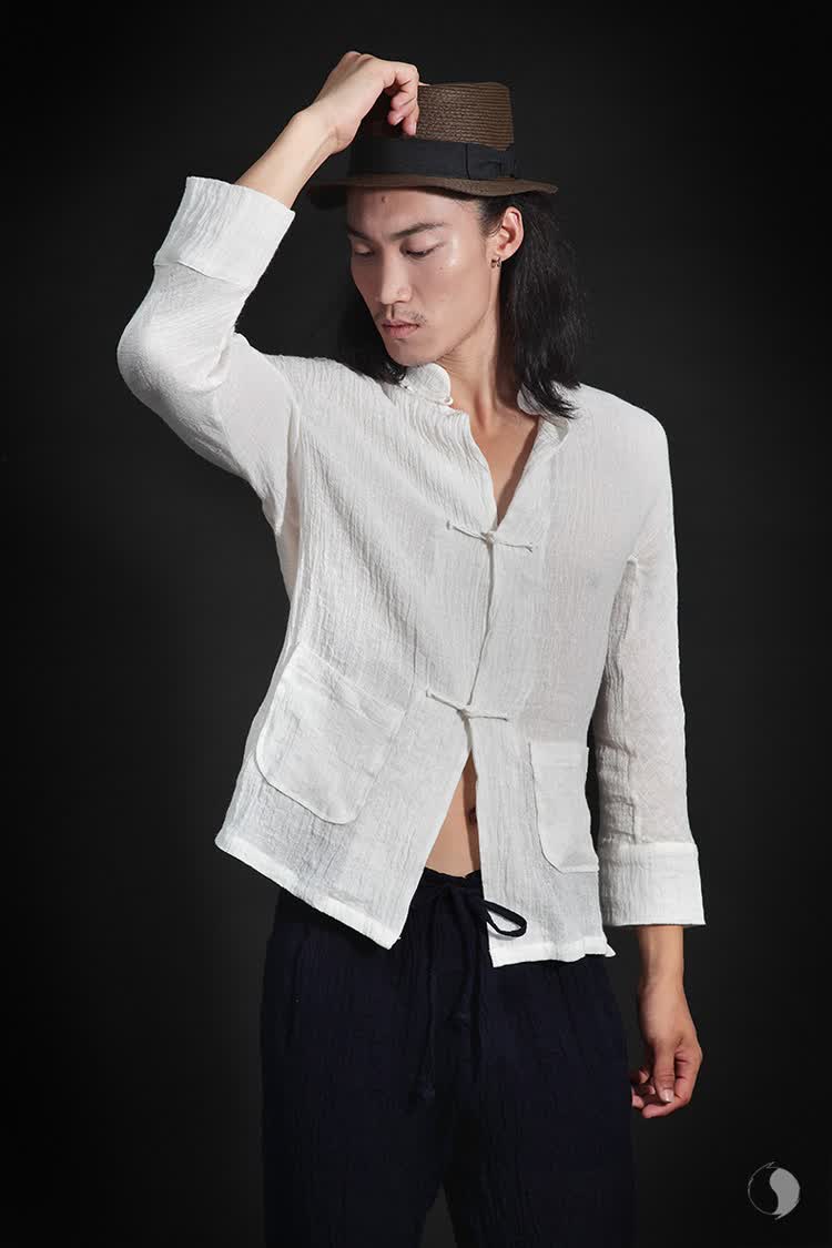 柒唐民族武侠功夫衫 肌理亚麻侠士唐装 时尚长袖衬衣 中式立领男装