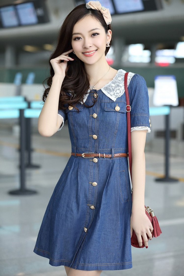 货到付款gaiety夏装热卖女装时尚牛仔蕾丝短袖连衣裙s7507# 浅蓝色