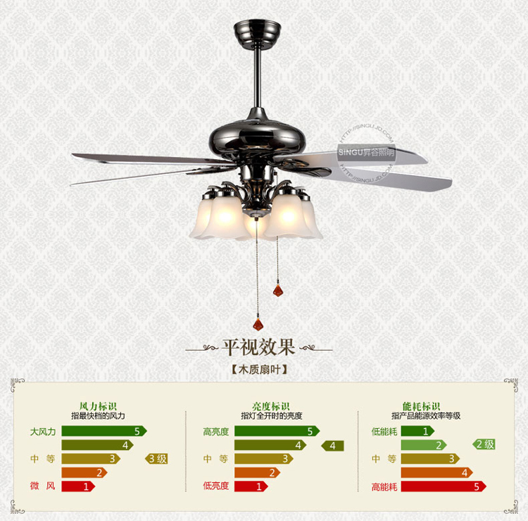 SINGU昇谷 欧式复古吊扇灯 客厅餐厅风扇灯 卧室书房带灯吊扇 风扇吊灯SG517-5 珍珠黑+银色扇叶 风扇灯+遥控