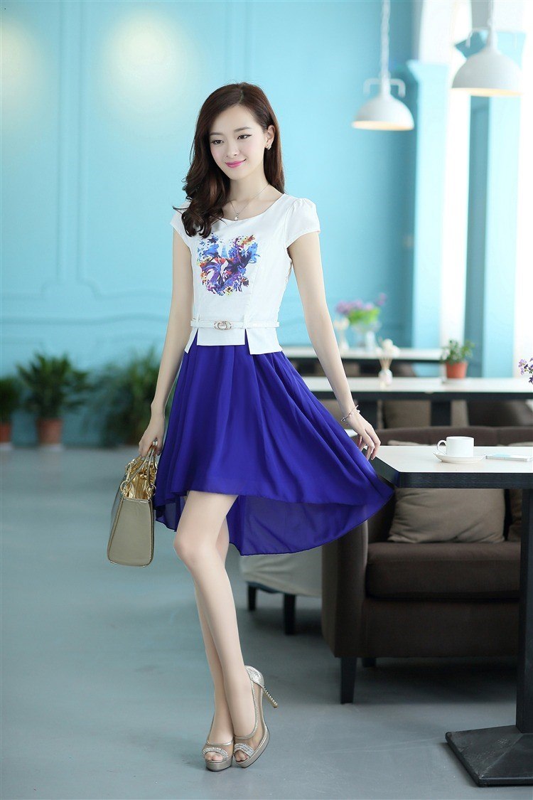 忆姿美 2014夏装新品女装 韩版时尚印花修身拼接不规则长裙雪纺连衣裙