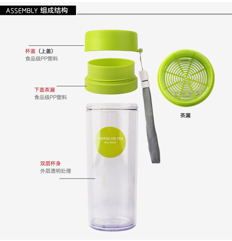 VOCHIC水杯茶杯 便携杯子随手杯带盖防漏简约泡茶杯480ml 包邮 绿色360ml