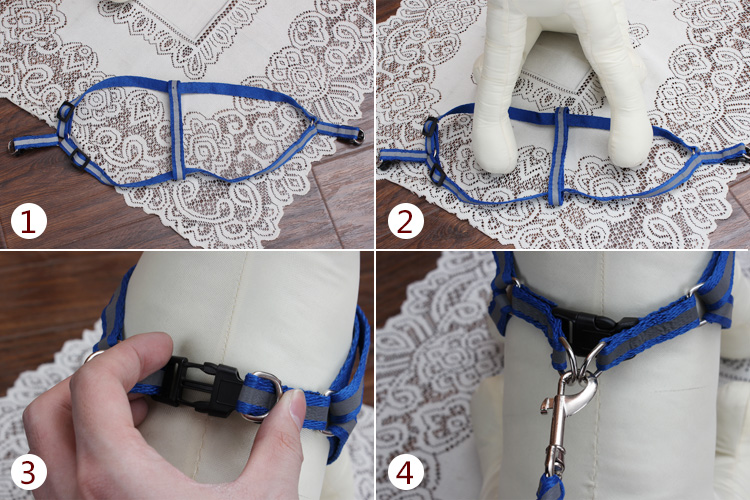 伸缩扣设计,狗狗就是再长大一些也可以使用 使用图解: 第一步胸背带