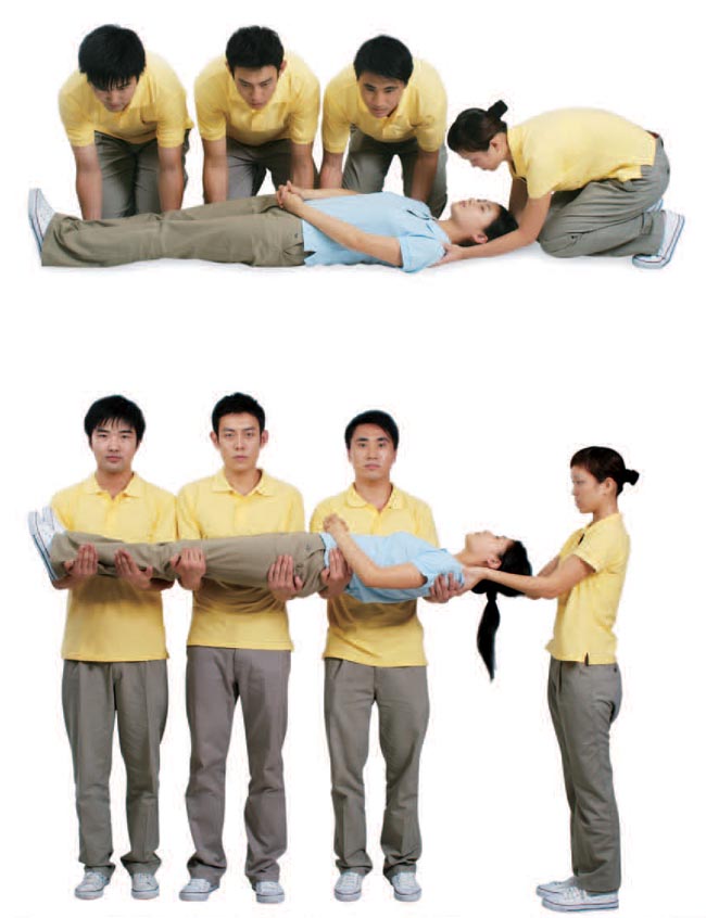 多人搬运法 特别适用于脊柱骨折伤员,避免损伤脊椎.