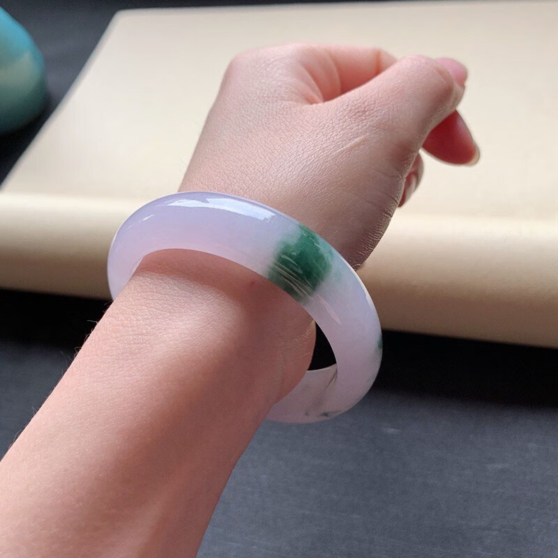 绿翠天成女士翡翠手镯圈口524宽124厚71紫底飘花贵妃高端玉镯缅甸a货