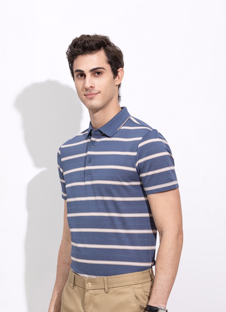 闪购浪登男装短袖t恤含桑蚕丝商务休闲翻领短t男士条纹体恤绿色16584s