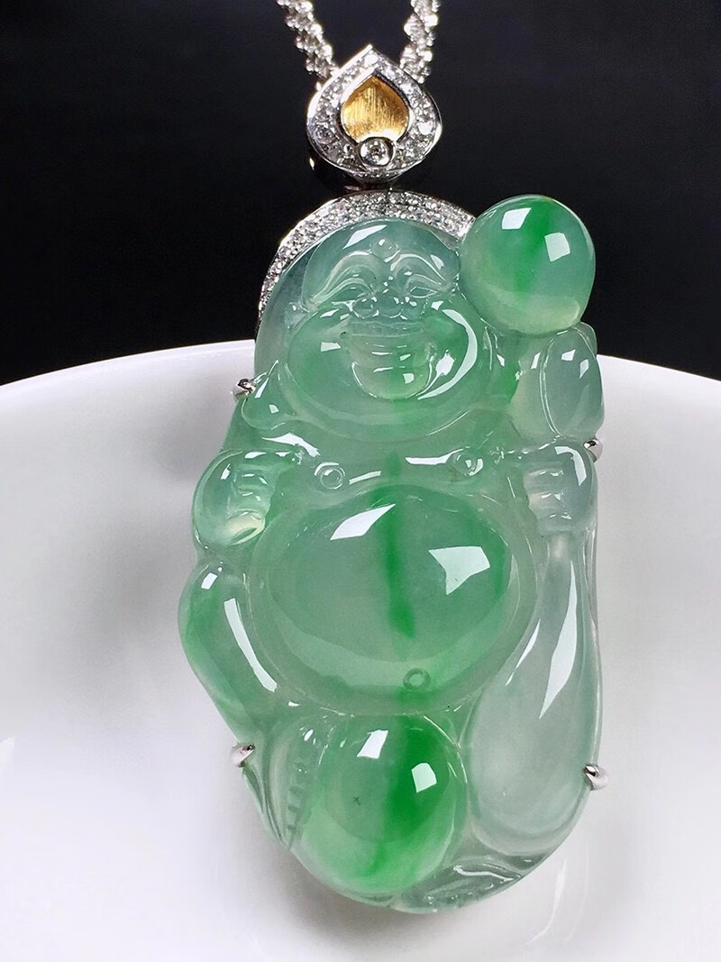 发源地冰绿布袋佛吊坠翡翠18k金镶钻缅甸天然a货玉石珠宝送女友礼物裸
