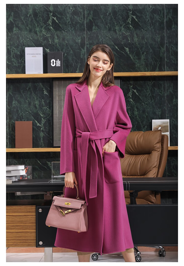 瑟俐品牌高端紫红色双面羊绒大衣女中长款labbro羊毛呢外套2022年新款