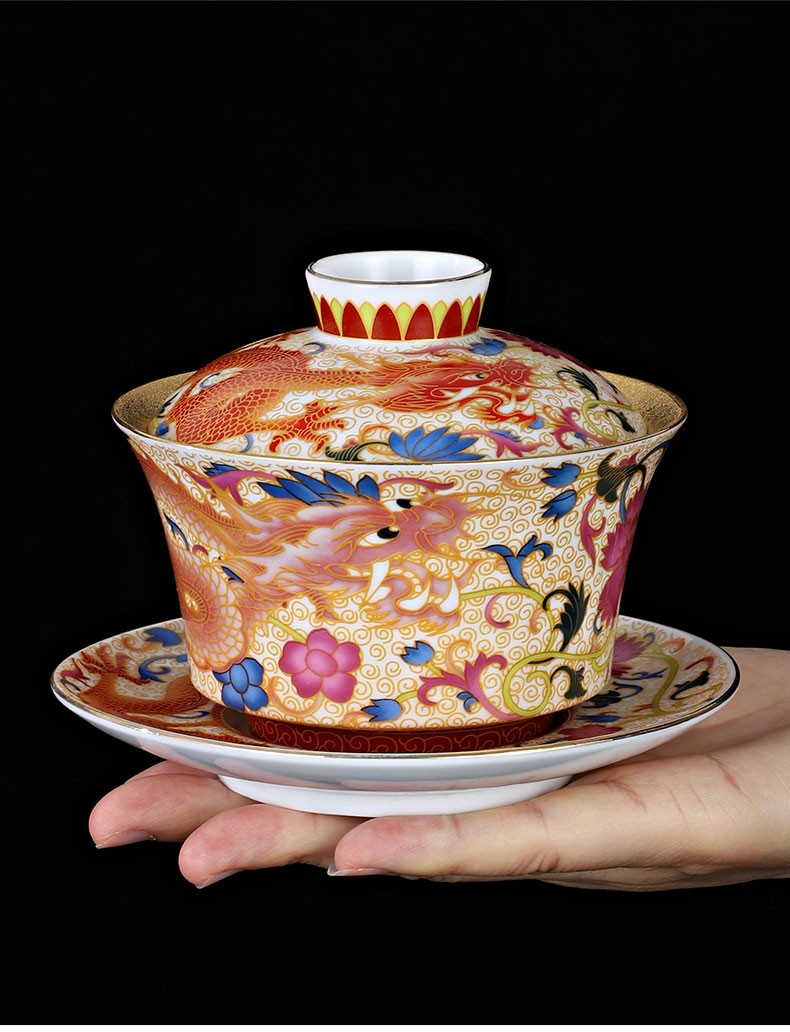 玺翰雅royhoye 24k金掐丝珐琅彩盖碗大号三才碗单个陶瓷泡茶碗中式