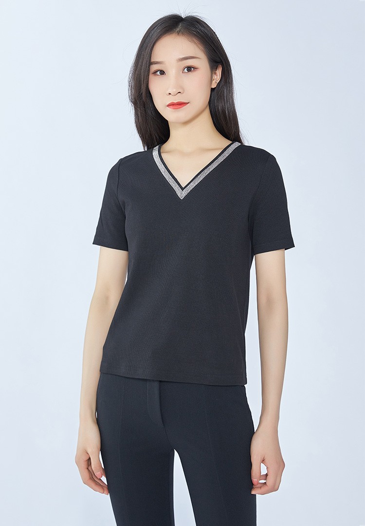 【商场同款】哥弟女装2020夏季新款v领钉珠短袖t恤女1300421 黑 m(3码